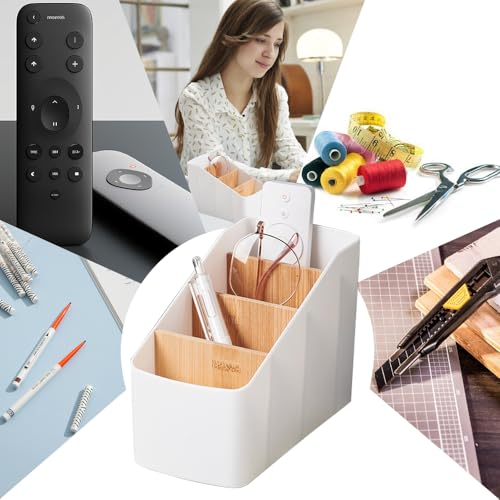 Shuqio Holz Desktop Organizer,Schreibtisch Organizer mit 4 Abnehmbaren Fächer,Desktop Aufbewahrungsbox, Fernbedienung Halter Holz Stiftehalter Halterung Fernbedienungshalter