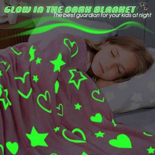 Cloele Glow In The Dark Heart Stars Blanket,Pink Throw Blanket Birthday Gift For 2 3 4 5 6 7 8 9 10 Year Old Kids Girls thumb #2