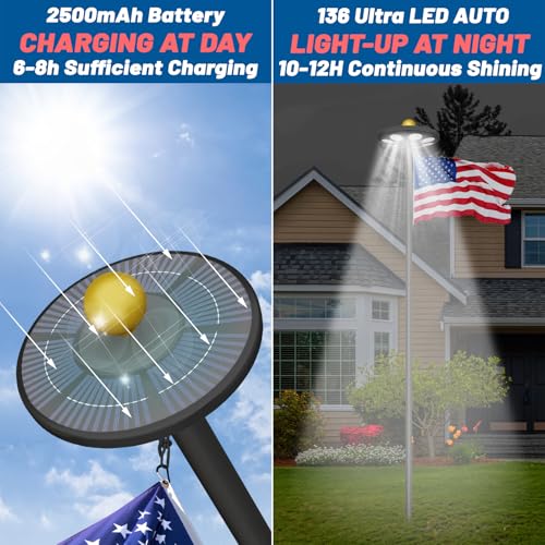 XYRIS Flag Pole Light Solar Powered - Ultra Bright for 15-25 Ft Flag Poles, 136 LED from Dusk to Dawn, Wide Coverage Waterproof Solar Light for Flagoles for Outside House (Black)