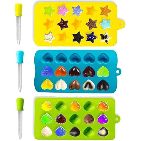 Joyoldelf Candy Molds & Ice Cube Trays with BONUS 3 Droppers - Hearts, Stars & Shells Silicone Chocolate Mold Use for Cakes, Chocolate, Ice cream, Tarts, Muffins, Candles, Soaps, Jello, Mousses Cover