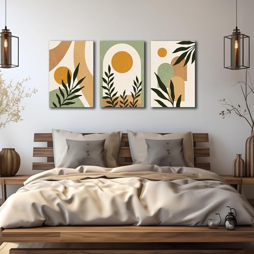 Image of Boho Sun Canvas Wall Art Set of 3, Neutral Abstract Minimalismt Bohemian Geometric & Botanical Plants Pictures Prints Artwork Paintings Wall Decor for Bedroom Living Room Home Decoration 16x24 inches
