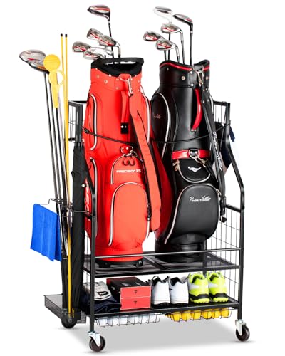 EXTCCT Golf Bag Storage Garage Organizer- Golf Bag Stand Fit for 2 Golf Bags and Golf Clubs, Golf Balls, Golf Equipment Accessories, Extra Large Golf Bag Storage Rack for Garage, Club, Shed, Basement