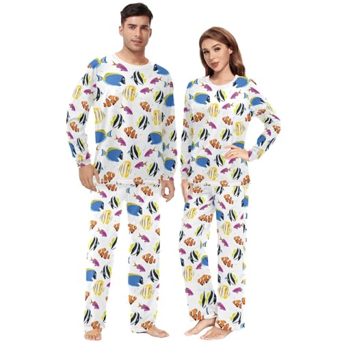Unisex Pajama Set Long Sleeve Sleepwear Soft 2 Piece Loungewear Tropical Reef Fish Pj Sets for Women & Men