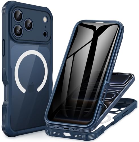 CENHUFO Magnética Antiespia Funda iPhone 17 Pro MAX [Compatible con MagSafe] Integrado 9H Cristal Templado Protector Pantalla y Protector Cámara, 360 Grados Antigolpes Carcasa Capa Doble Case  Azul