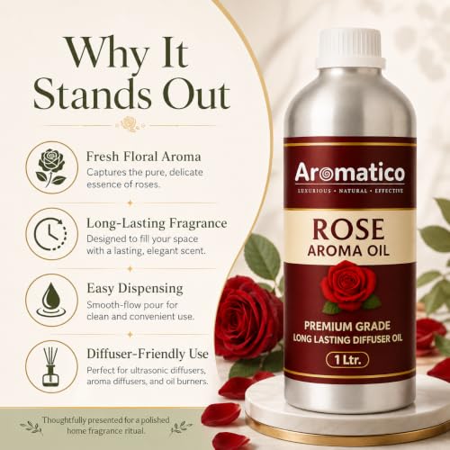 Image of AROMATICO Rose Diffuser Oil with Strong, Long-Lasting Aroma. Classic Floral Aroma Oil for Homes, Offices & Showrooms. Aromatherapy, Diffusers, Air Purifiers, Vaporizers - 1 L(1000 ml)