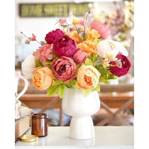 Image of FiveSeasonStuff Artificial Peony Bouquets, 2 Silk Flower Bundles in Peach, Coral, Cream & Burgundy with Hydrangeas for Wedding Centerpieces & Home Decor (Country Delightful)