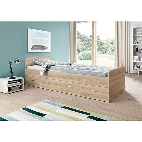 Boro Modernes Einzelbett mit 3X Schubkästen 90 x 200 cm - Praktisches Jugendzimmer Kojenbett in Eiche Sonoma Optik - 95 x 66 x 204 cm (B/H/T)