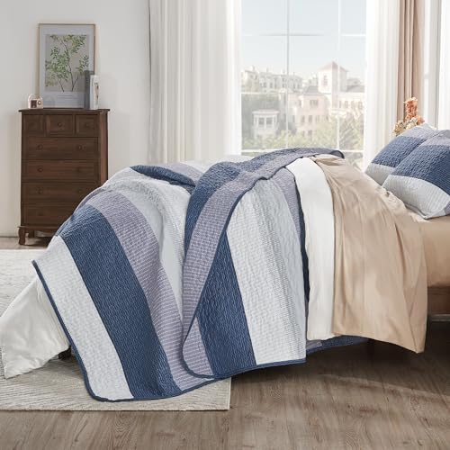 Image of Andency Oversized Queen Quilt Bedding Set, 98x98Inch Mineral Blue Stripe Bedspread Coverlet 3 Pieces, Soft Lightweight Blue Patchwork Quilted Bed Set for All Season (1 Quilt, 2 Pillowcases)
