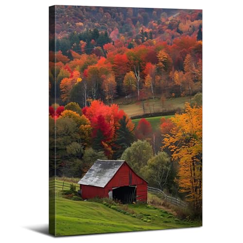 Mountain Wall Art Farmhouse Kitchen Decor Autumn Forest Landscape Canvas Photo Red Barn Orange Trees Scenery Painting Nature Wilderness Woodland Artwork for Bedroom Living Room Home Decorations 16x24"
