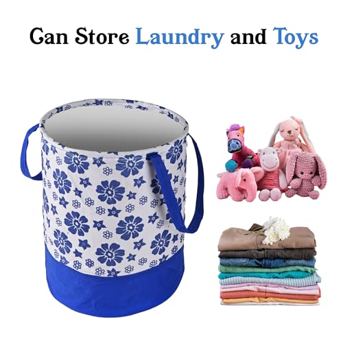 Image of Urbane Home Pack of 3 Foldable Dirty Clothes 45L Laundry Basket With Handles | Baby Unwashed Dress Bin /Storage Box | Flower Print -Blue & White