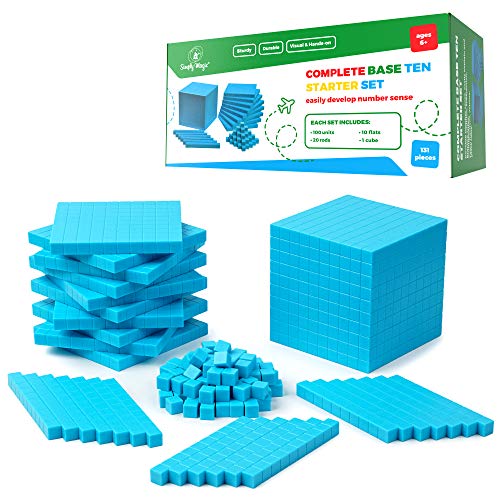 Simply Magic 131 PCS Base Ten Blocks for Math - Place Value Blocks, Base 10 Math Manipulatives K-3, Math Counters, Number Blocks, Kids Math Cubes, Counting Blocks, Kindergarten 1st 2nd 3rd Grade, Blue