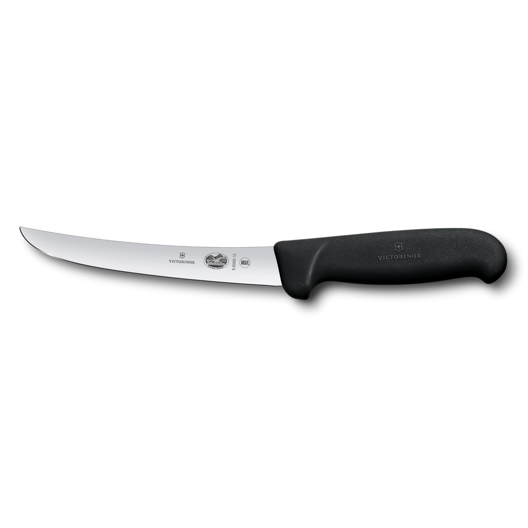 Victorinox Fibrox Ausbeinmesser, Scharfes Küchenmesser für Fleisch und Geflügel, 15 cm, Gebogene Klinge, Schmal, HACCP geeignet, Rutschfest, Schwarz