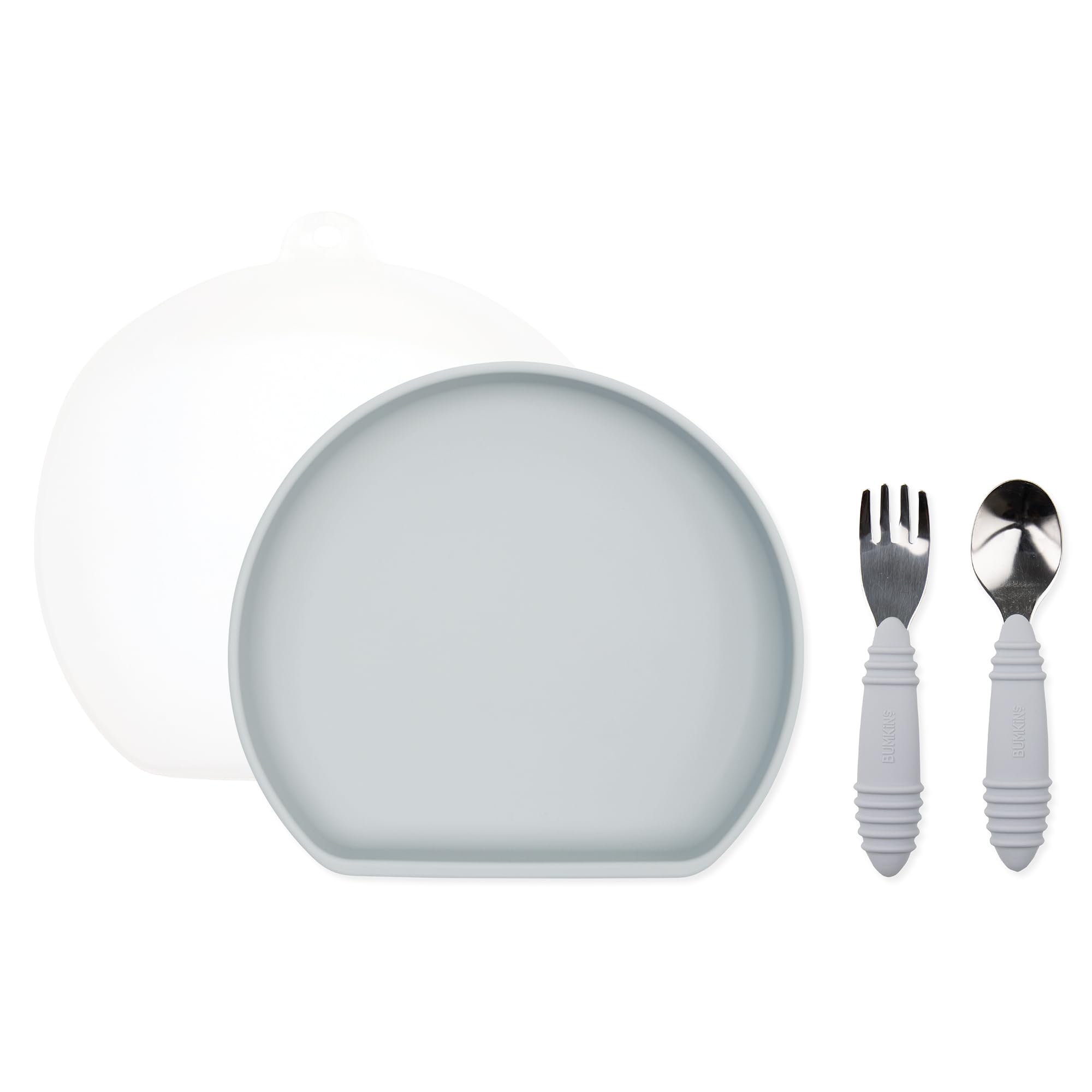 Plato de agarre de silicona Bumkins, tenedor, cuchara y tapa para niños de 18 meses, base de succión, 100% silicona apta para alimentos, apto para horno, microondas, congelador, lavavajillas, color gris