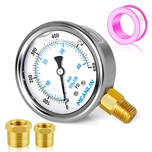 MEANLIN MEASURE 0~600Psi Stainless Steel 1/4" NPT 2.5" FACE DIAL Liquid Filled Pressure Gauge WOG Water Oil Air Lower Mount, with 1/2" NPT and 3/8" NPT Hex Bushing