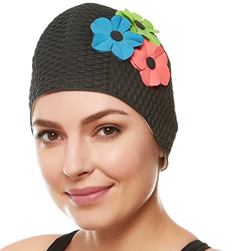BEEMO Latex Swimming Cap for Women, Swim Cap for Long Hair or Short Hair, Bath & Swim Caps to Shield Hair from Damage, Use as Large Shower Cap, Black Swimming Cap with Pink, Green & Blue Flowers