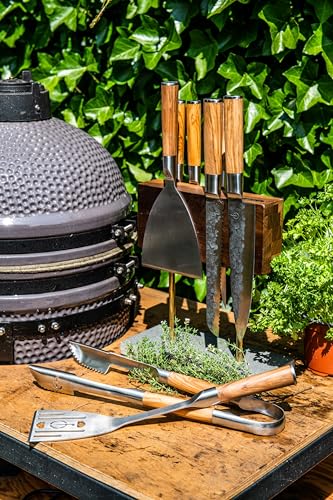 Forged BBQ Plancha spachtel, Grillspachtel, für Gasgrill, Feuerplatte und Teppanyaki, Olivenholz griff
