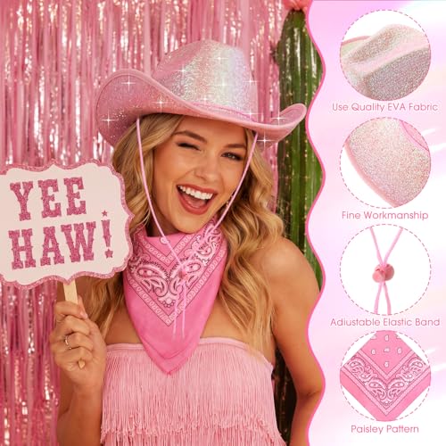 Image of Coume 12 Pcs Sparkly Adults Cowboy Hat and Bandanas Women Men Western Glitter Cowgirl Party Hats with Adjustable Drawstring
