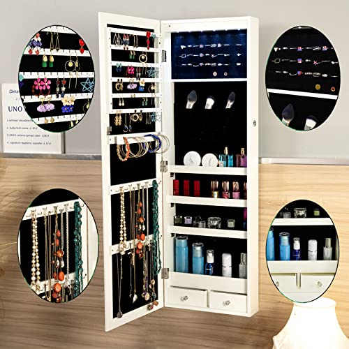 KEDLAN 6 LEDs Mirror Jewelry Cabinet, 43.3" H Lockable Wall/Door Mounted Jewelry Armoire Organizer with Mirror, 2 Drawers, White JC600 - Image 6
