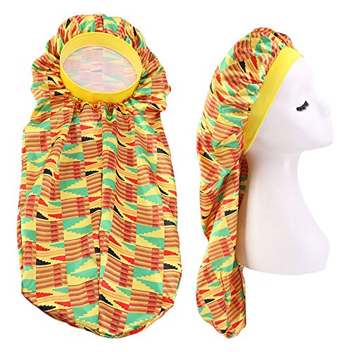 Extra Long Colorful Satin Bonnet Sleep Cap Long Bonnet for Braids Hair Loose Cap (Yellow Triangles)