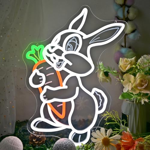 Image of Planzo Easter Neon Light Sign Bunny Carrot Bedroom Kids Room Wall Sign Decor Bar Shop Office Home Easter Eggs Sign Birthday Christmas Gift Jesue USB 16.9 inch X 11.8 inch
