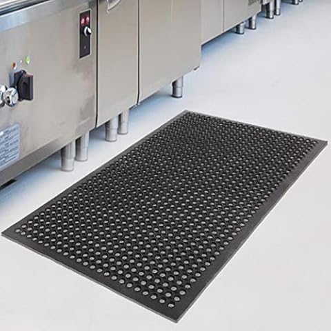 WEI WEI GLOBAL Rubber Door Mat, Anti- Fatigue Drainage Floor Mat, Non-Slip Bath Mat for Kitchen Bathroom Restaurant Bar Garage Garden Industrial, Indoor Outdoor, Black 36" x 60" Cover