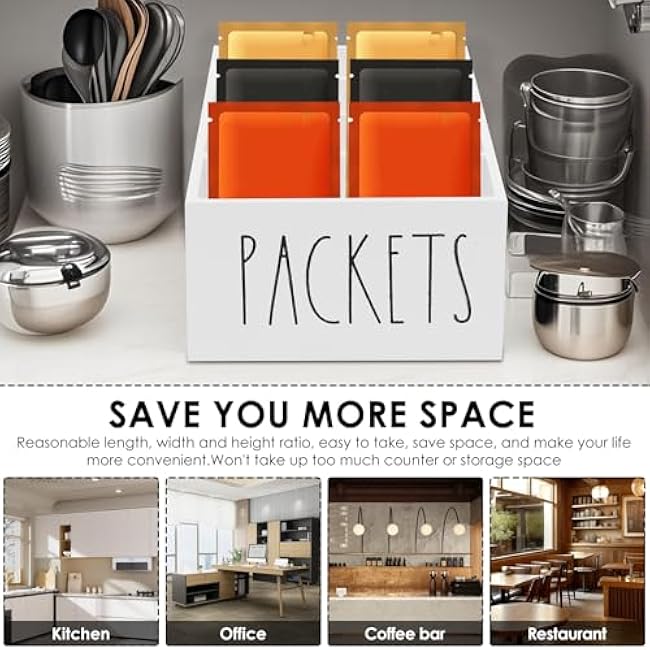 Wooden Seasoning Packet Organizer with 4 Compartments,10.63¡Á5.51¡Á3.15 inch Food Packet Storage Organizer Spice Holder with Dividers, Seasoning Storage Bins for Kitchen Pantry Cabinet Countertop(White)