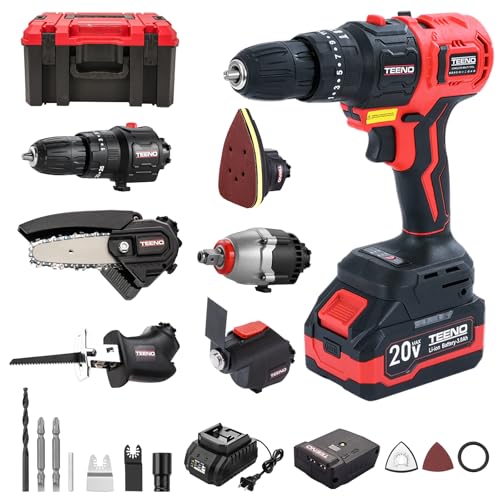 TEENO 20V Brushless Power Tool Combo Kit, 6-in-1 Cordless Interchangeable Multi-Tool Set (Drill, Impact Wrench, Oscillating Tool, Chain & Reciprocating Saw, Sander) with USB Adapter & Tool Box