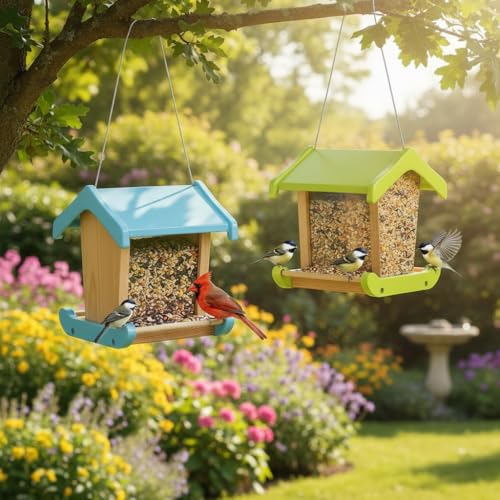 2Pk Hopper Bird Feeders for Outside - DIY Birdfeeder Kit for Adult to Build - Weather Proof Composite Material + 3Lbs Compacity- Hanging Birdfeeder for Outdoor -STEM Project(Blue+Green