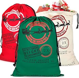 Christmas Santa Sack Drawstring Bag, 3Pcs Xmas Canvas Gift Bags Personalised Candy Pouch Sacks Vintage Embroidered Xmas Party Burlap Bag, Christmas Decoration Santa Bags for Kids Gift Candy Storage
