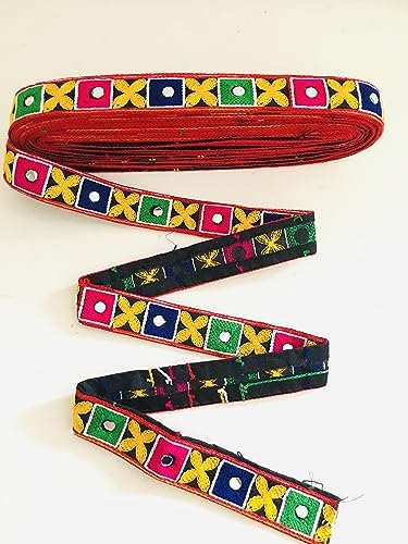 RAMya ENTERPRISE Gamthi Hand Woven 9 Meter Fabric Cloth Lace for Decoraing Chaniya Choli or Any Outfit Borders to enrich Your Attire (red Squares)