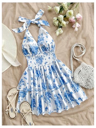 SOLY HUX Women's Sundresses Boho Halter V Neck Backless Ruffle Flowy Summer Beach Mini Dress2