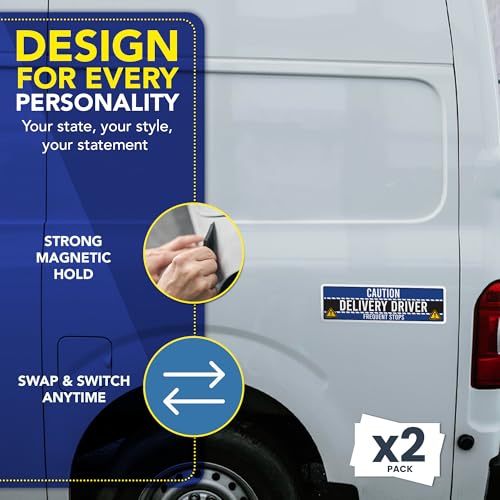 Image of Magnet Me Up Caution Frequent Stops Magnetic Decal - 3x10 Inch 2 Pack, UV Printed Blue /Black Automotive Vinyl Sign for Car, Delivery Driver Safety Magnet, Durable Weatherproof Accessory, Made in USA