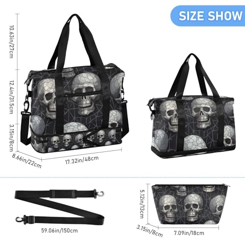 ALAZA Sports Duffel Bags with Toiletry Bag Set,Cute Skull Black Travel Duffel Bags Multi Pockets Weekend Bag3
