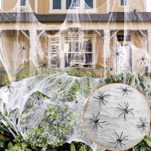 HIGA-JKL Halloween Deko Spinnennetz 200g & 30 Schwarze Spinnen Halloween Horror deko Outdoor und Drinnen Horror Spukhaus Hof Grusel Partyzubehör Deko Spinnennetze