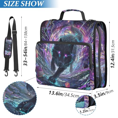 Image of Black Wolf Purple Eyes Galaxy Zipper Binder Bag 3 Ring Binder with Shoulder Strap Zip Up 500 Sheets Capacity Multi Pockets for School Office Supplies