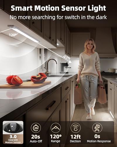 Image of EZVALO 3-Pack 16.5inch Under Cabinet Lighting with Remote, 4000mAh Rechargeable Motion Sensor Lights, Magnetic Dimmable Closet Light, 3 Color Temps Wireless Lights for Kitchen, Pantry, Stair