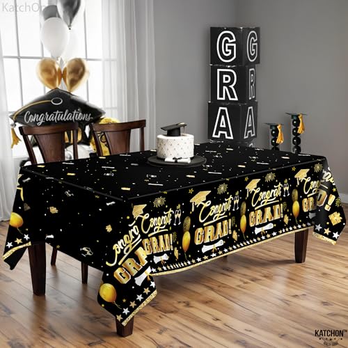 Image of KatchOn Graduation Tablecloth - XtraLarge 54x108 Inch, Pack of 3, Graduation Decorations 2026 | Black and Gold Congrats Grad Tablecloth | 2026 Graduation Table Decorations, Grad Party Supplies