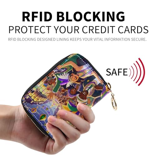 Colored Womens Wallets Leather RFID Blocking Credit Card Holders Festive Mardi Gras Carnival Zipper Travel Wallet with Key Ring2