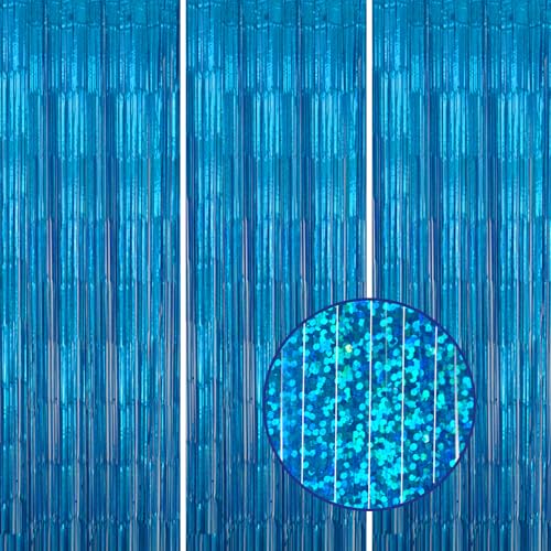 Image of DECOCKRAT 3 Pack Foil Fringe Backdrop - Laser Blue Shiny Tinsel Curtains for Party Decoration /Photo Booth Props - 3.3x8.2 FT Metallic Foil Backdrop for Birthday, Wedding, Graduation, Christmas.