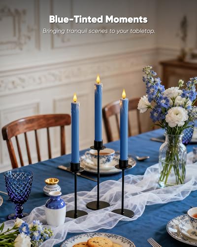 Image of Homemory 3 Pcs Waxy Blue Flameless Taper Candles with Remote Timer, LED Fake Candlesticks, 9.6 Inches Battery Tall Candle with 3D Flickering Flame for Wedding, Dinner, Christmas Anniversary Decor