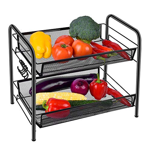 Organizador de especias para encimera, organizador de almacenamiento de frutas y verduras de 2 niveles, estante de pie con cestas de malla para el hogar, cocina, baño, oficina, color negro Cover