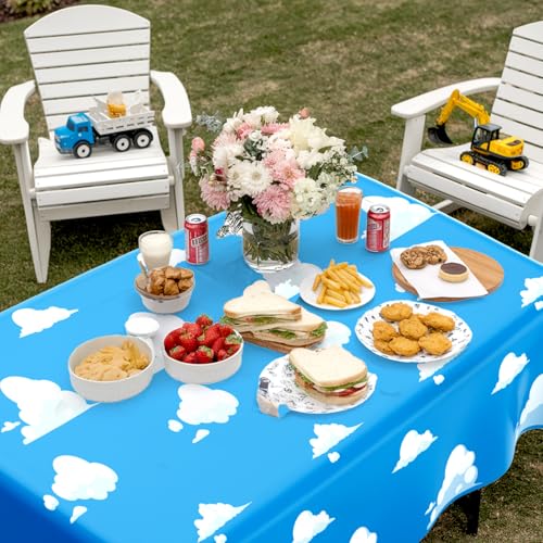 Image of 8 PCS Blue Sky and White Clouds Party Tablecloth, Cartoon Story Tablecloth, Disposable Plastic Rectangle Cartoon Table Cover for Boys Girls Baby Shower Picnic Birthday Party Decorations, 54x108 Inch