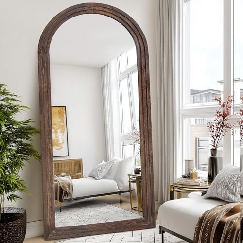 Image of 71x32 Arched Full Length Mirror, Solid Wood 3 Layer Frame, Brown