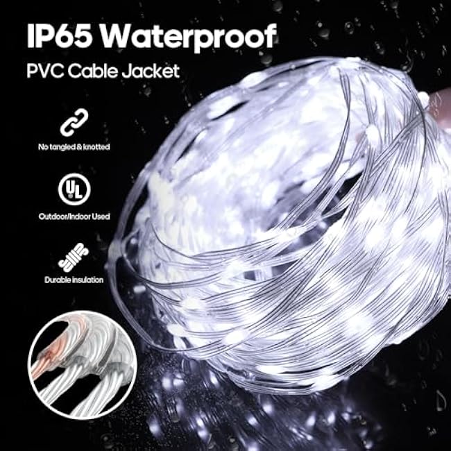 Christmas Twinkle Lights, 206FT 600 LED Outdoor String Lights, IP65 Waterproof, 8 Modes, Plug in Timing & Memory Functions, for Backyard, Garden- Cool White