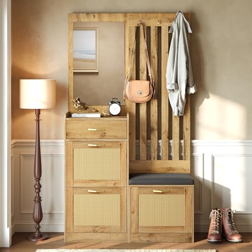 Merax Meuble d’Entrée avec Miroir et Banc, Vestiaire d’Entrée avec Range-Chaussures, Porte-Manteau avec Crochets, Armoire de Rangement Style Rotin,...