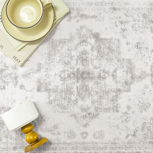 Runner Rug 3x12 Washable Light Gray Hallway Runner Vintage Boho Medallion Non Slip Grey Distressed Retro Carpet Indoor Low Pile Long Soft Rug for Kitchen Entryway Bedroom Bathroom Laundry