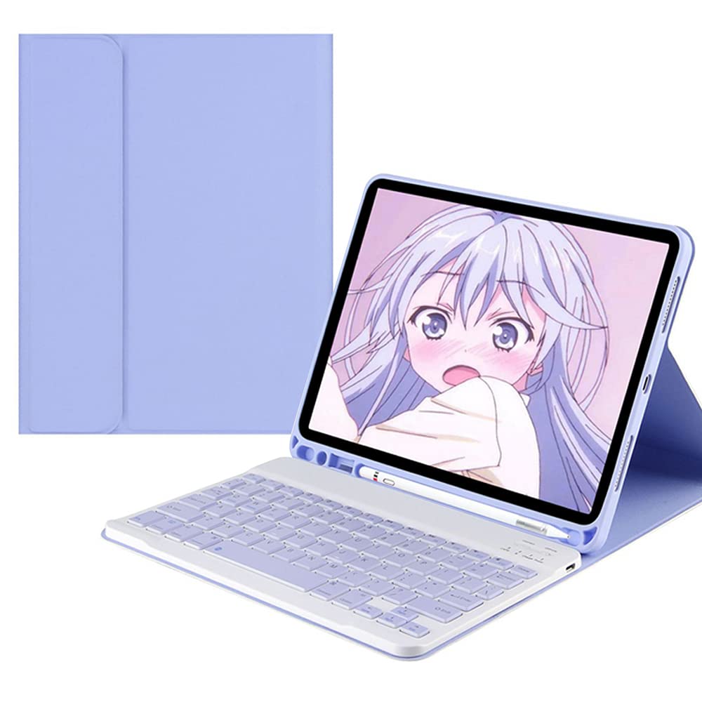 Clavier Étui pour iPad Mini 1/2/3, [AZERTY Français] Etui de Protection Housse en Cuir PU avec Clé de Couleur Clavier sans Fil Amovible pour iPad Mini 1 2 3, avec Porte-Crayon, Lavande