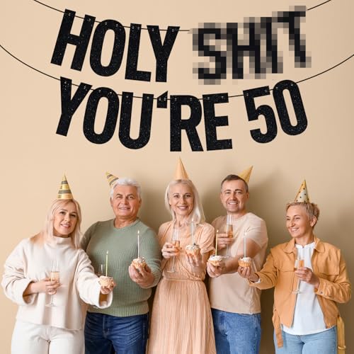 Image of Black Glitter Holy Shit You're 50 Banner, Happy 50th Birthday /Cheers to 50 Years /50 Years Loved & Blessed, Funny 50th Birthday Party Decorations Supplies