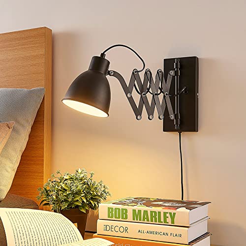 Lindby ausziehbare Wandlampe/Wandleuchte schwarz Metall mit Scherenarm, Leselampe drehbar schwenkbar Nachttischlampe Wand Ziehharmonika Lampe 1 flammig Scherenlampe