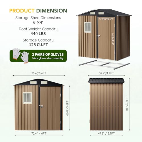 Image of Breezz 6x4FT Outdoor Steel Storage Shed with Flame Floor, Lockable Doors, Compact Metal Tool Shed for Garden, Backyard, Patio, Utility, and Bike Storage,Brown